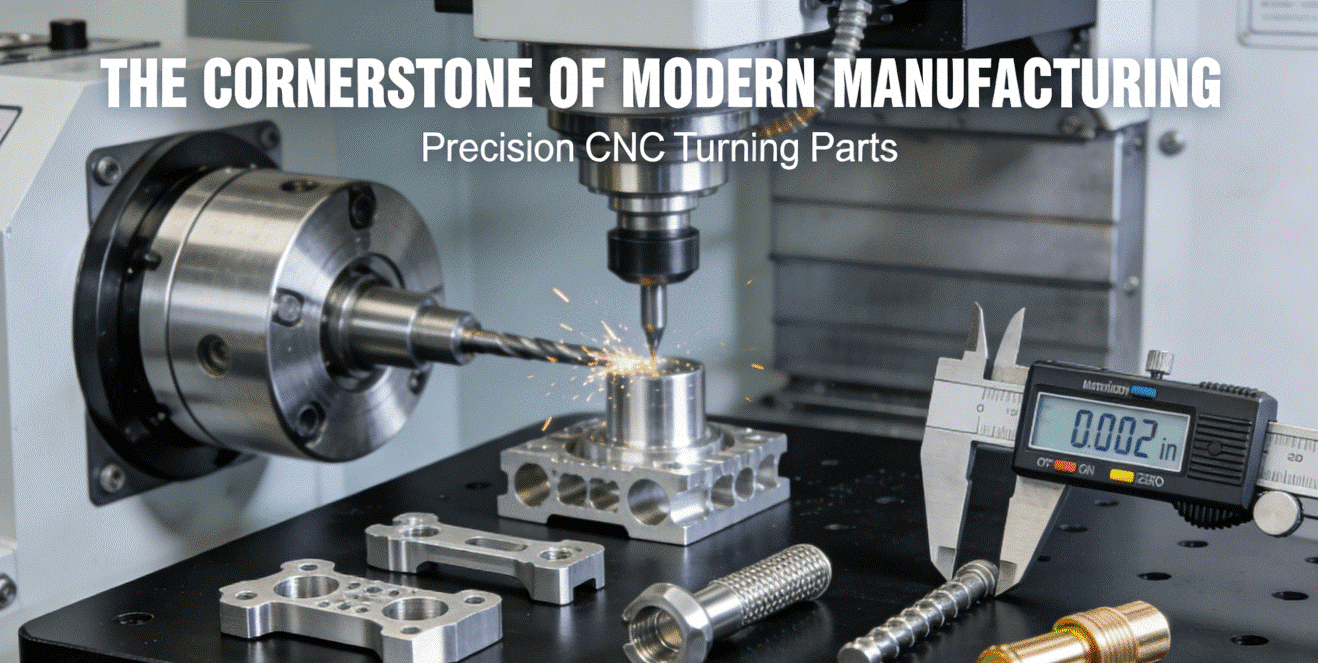 A multi-axis CNC turning machine in operation, producing a collection of precision aluminum, stainless steel, and brass turned parts, with a caliper showing ultra-fine measurement.