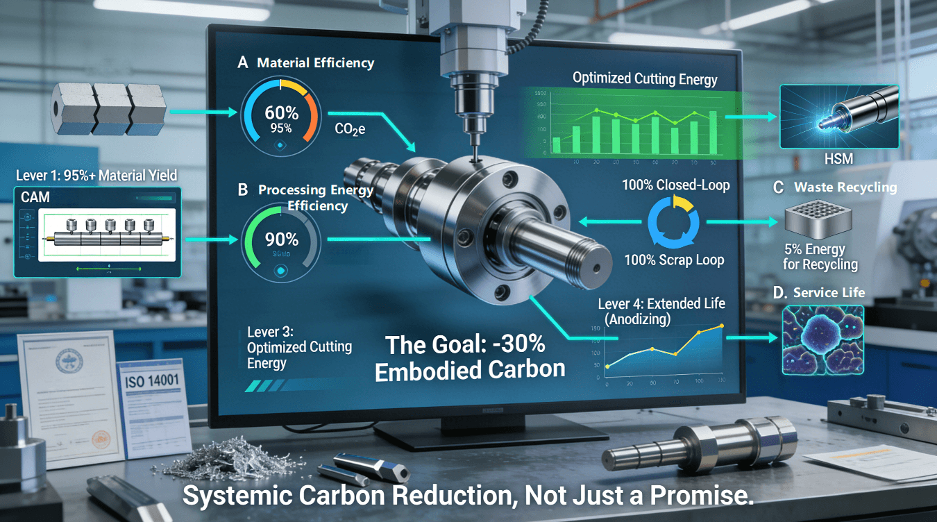 A dashboard in a sustainable manufacturing facility visualizes the four core levers for reducing embodied carbon in an aluminum part: High Material Yield (95%+), Energy-Optimized Cutting, 100% Closed-Loop Scrap Recycling, and Extended Life via Anodizing, collectively achieving a 30% reduction.