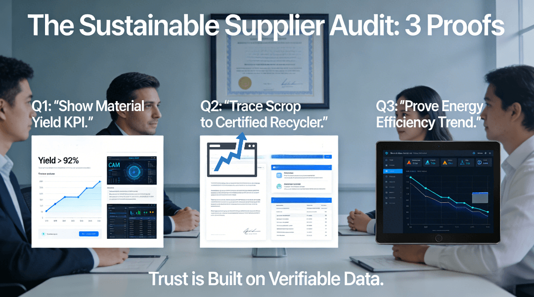 During an on-site supplier audit, three critical pieces of evidence are examined: a documented material utilization rate report showing >90%, traceable paperwork proving 100% scrap recycling to certified partners, and live energy consumption monitoring data per machine, moving beyond certificates to operational proof.