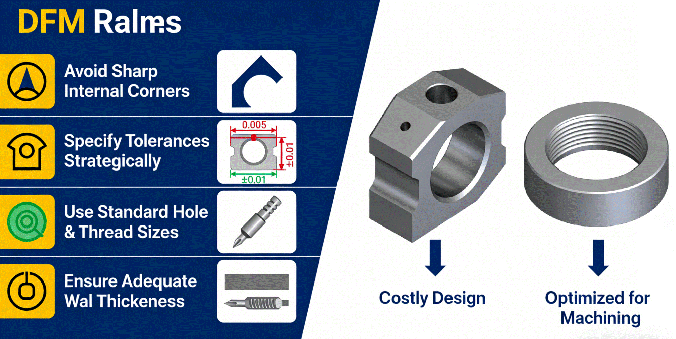 Infographic on Design for Manufacturability (DFM) rules for CNC turning, comparing a complex part design with an optimized one to reduce machining cost.